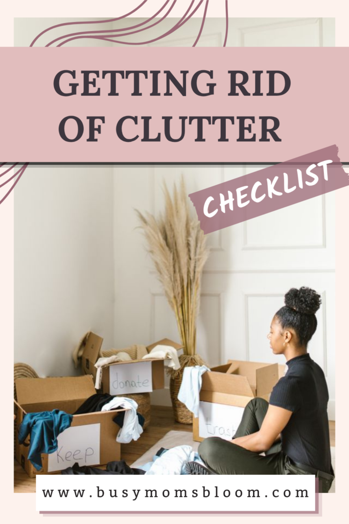 Woman sitting with decluttering boxes below title, "Getting rid of clutter"