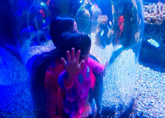 Melissa and daughter inside a clear tunnel Sea Life Orlando Aquarium