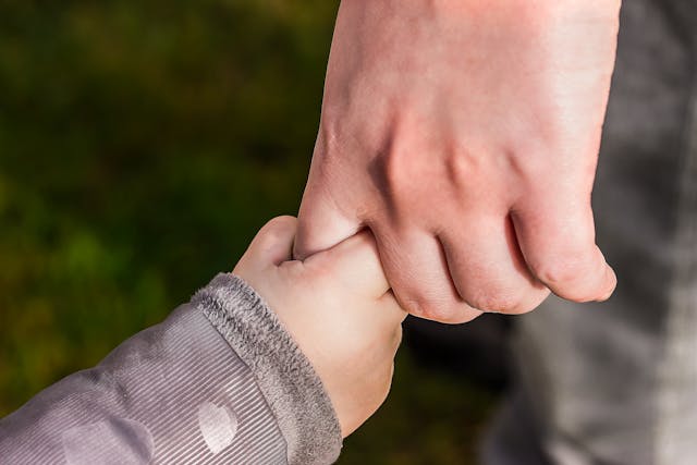 an adult hand and child holding hands