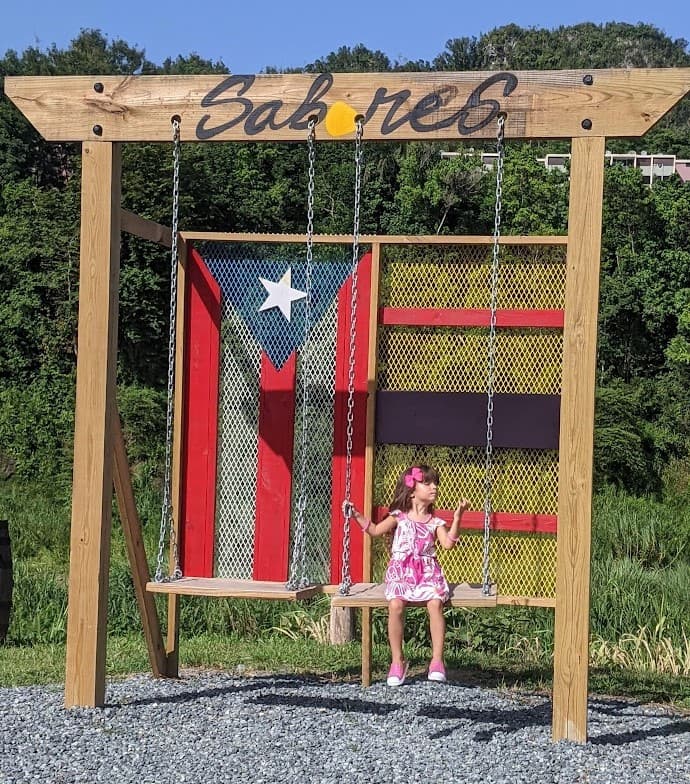 Melissa’s daughter sitting on a wooden swing with the Puerto Rican flag in Ciales, Puerto Rico