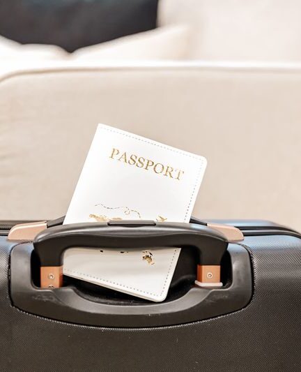 Passport placed on the handle of a suitcase