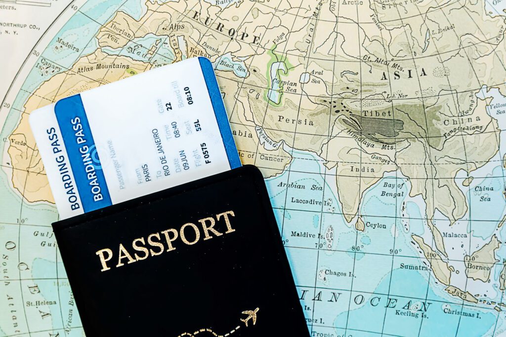 Close up of passport on map