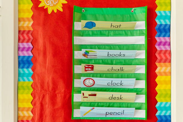 Sentence strips with vocabulary words displayed in a classroom pocket chart