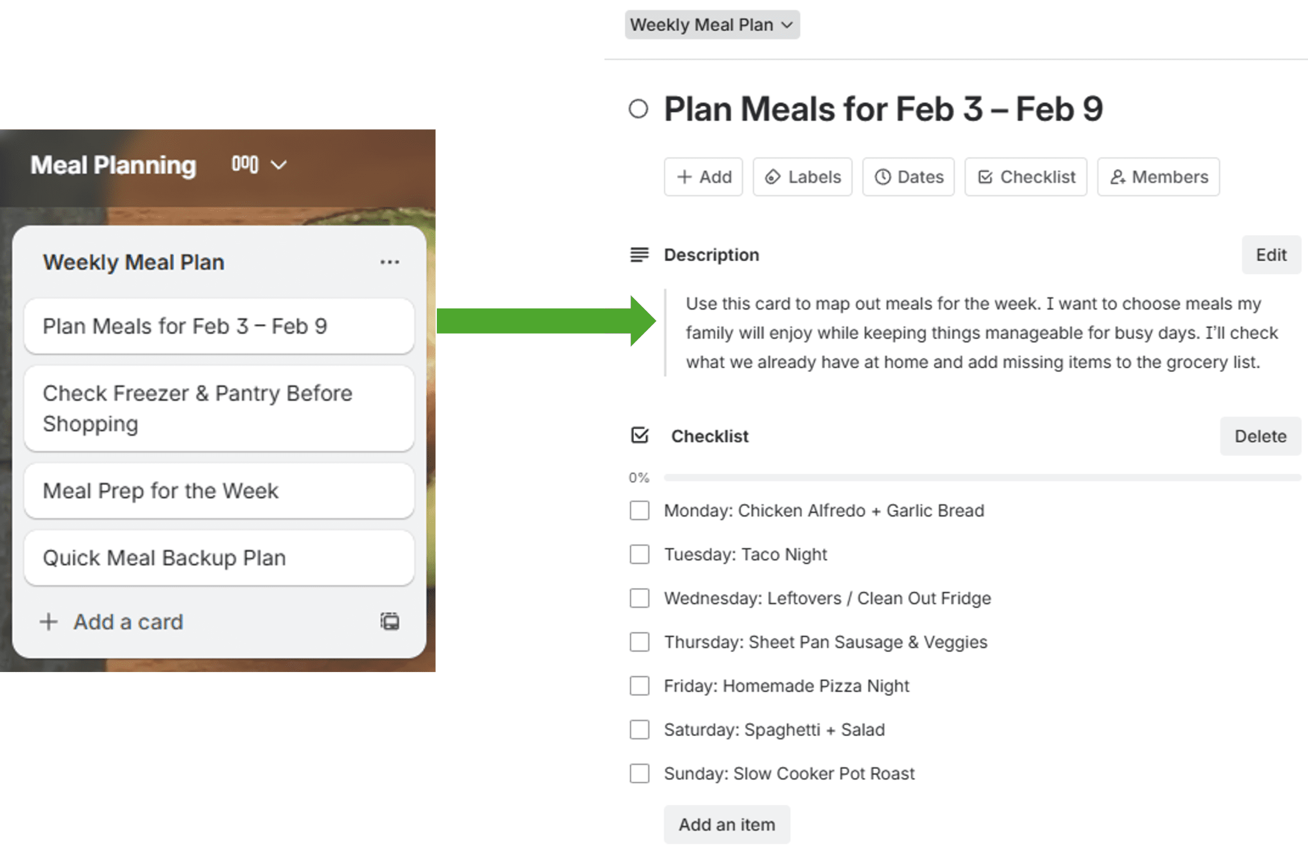 Meal planning card description and checklist