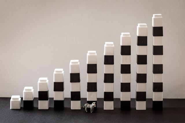 Stacked white and black toy blocks arranged from smallest to tallest