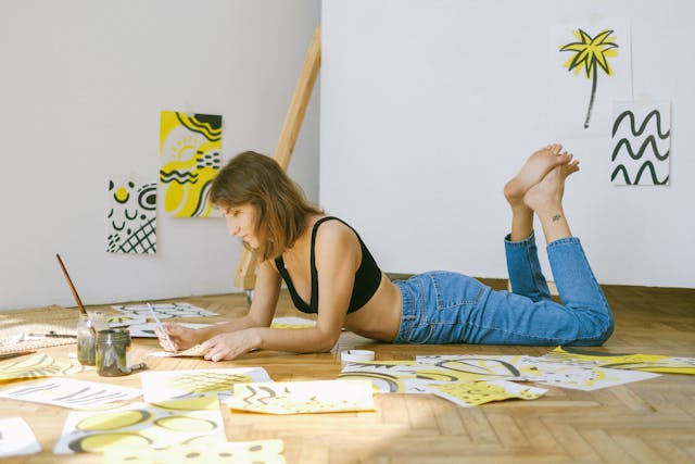 Woman sketching and panting