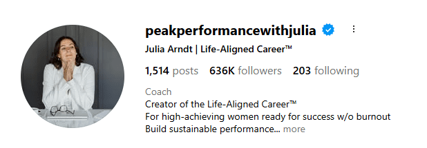 Instagram account "Peak Performance with Julia"
