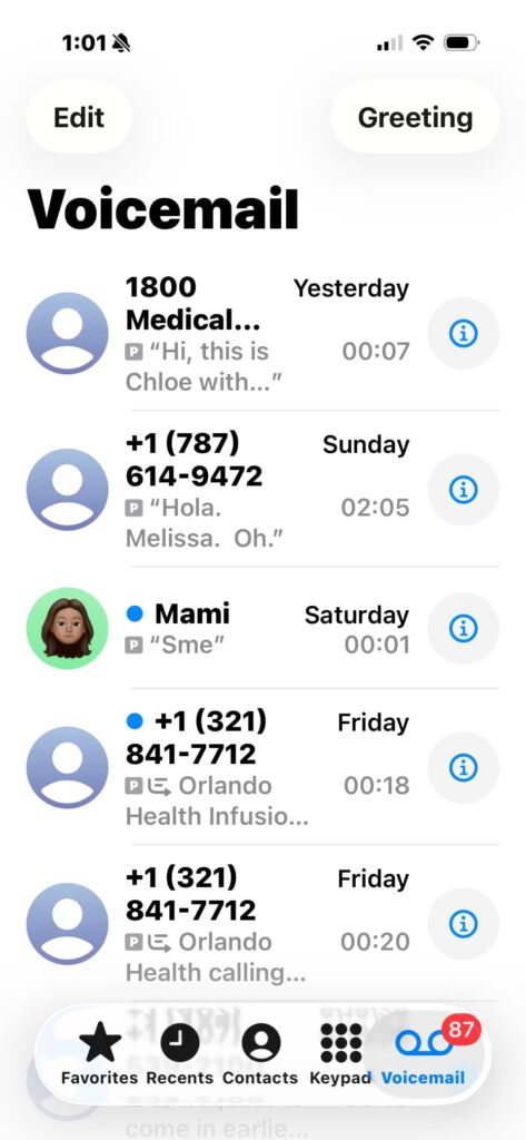 Voicemail screen on iPhone