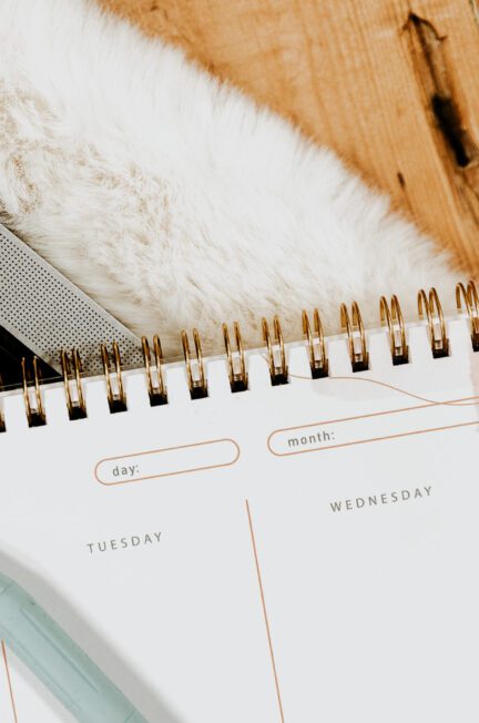 Weekly planner displayed on a laptop with a pen resting on top